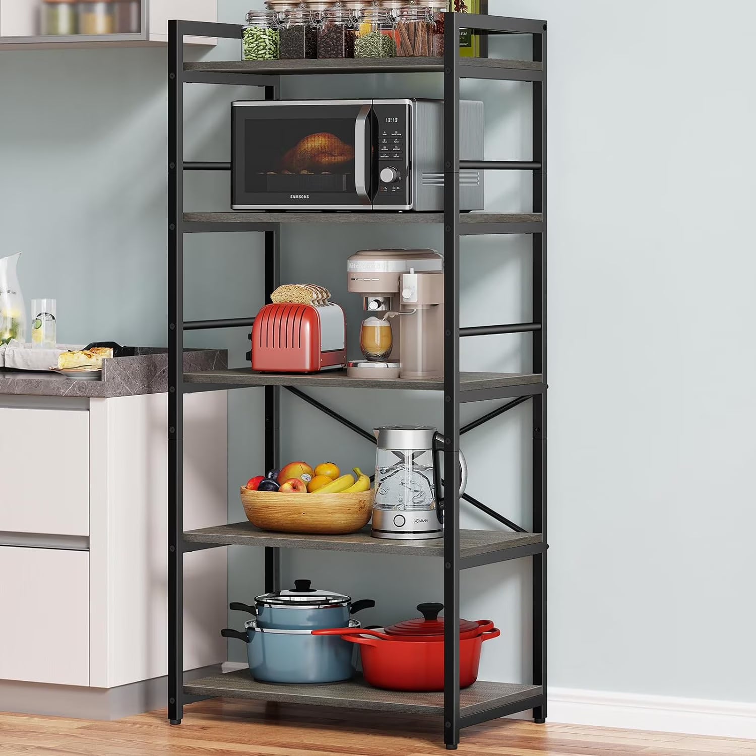 5-Tier Gray Microwave Stand Shelf with Storage M364