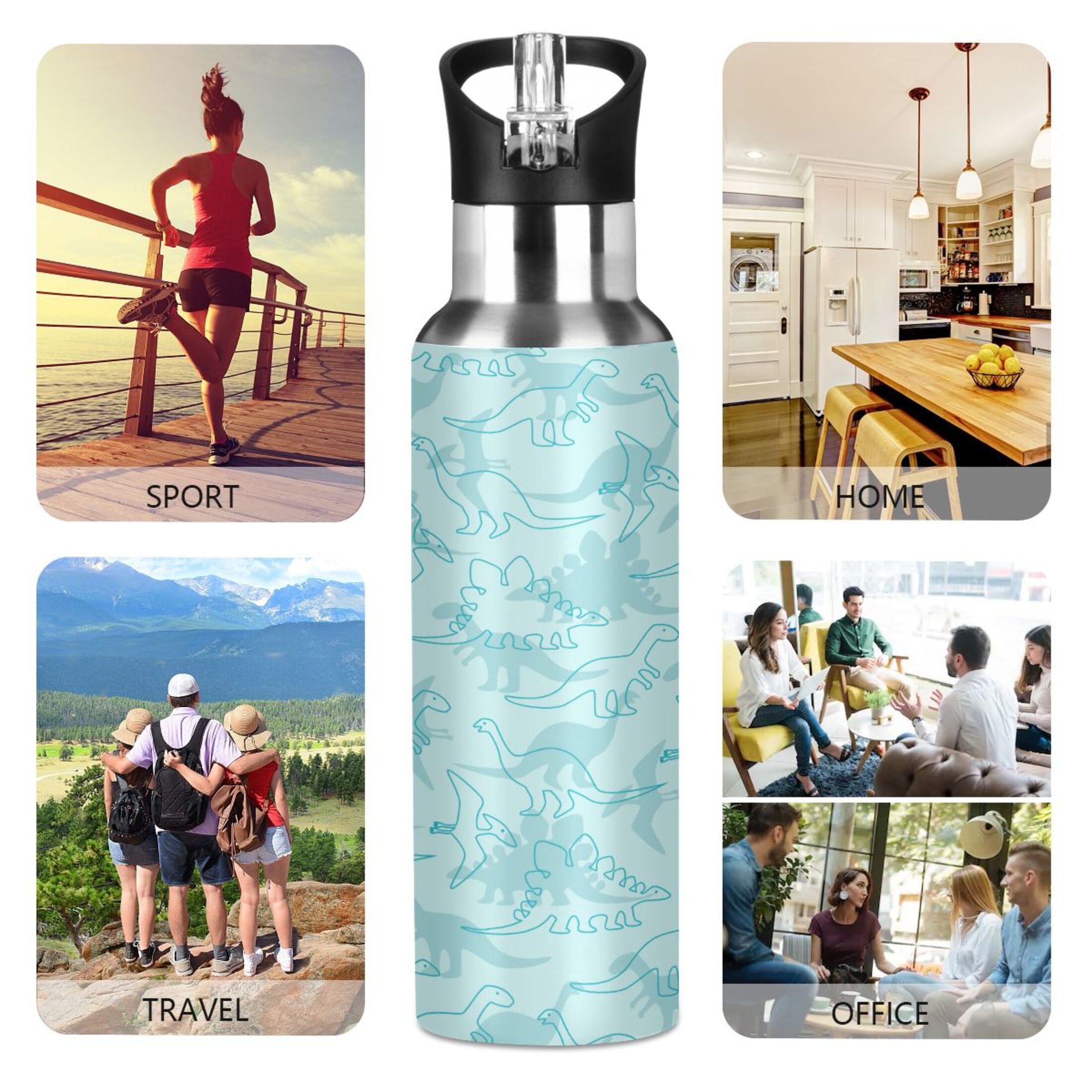 Dinosaur Green Pattern Stainless Steel Insulated Water Bottle with Straw Lid V7103