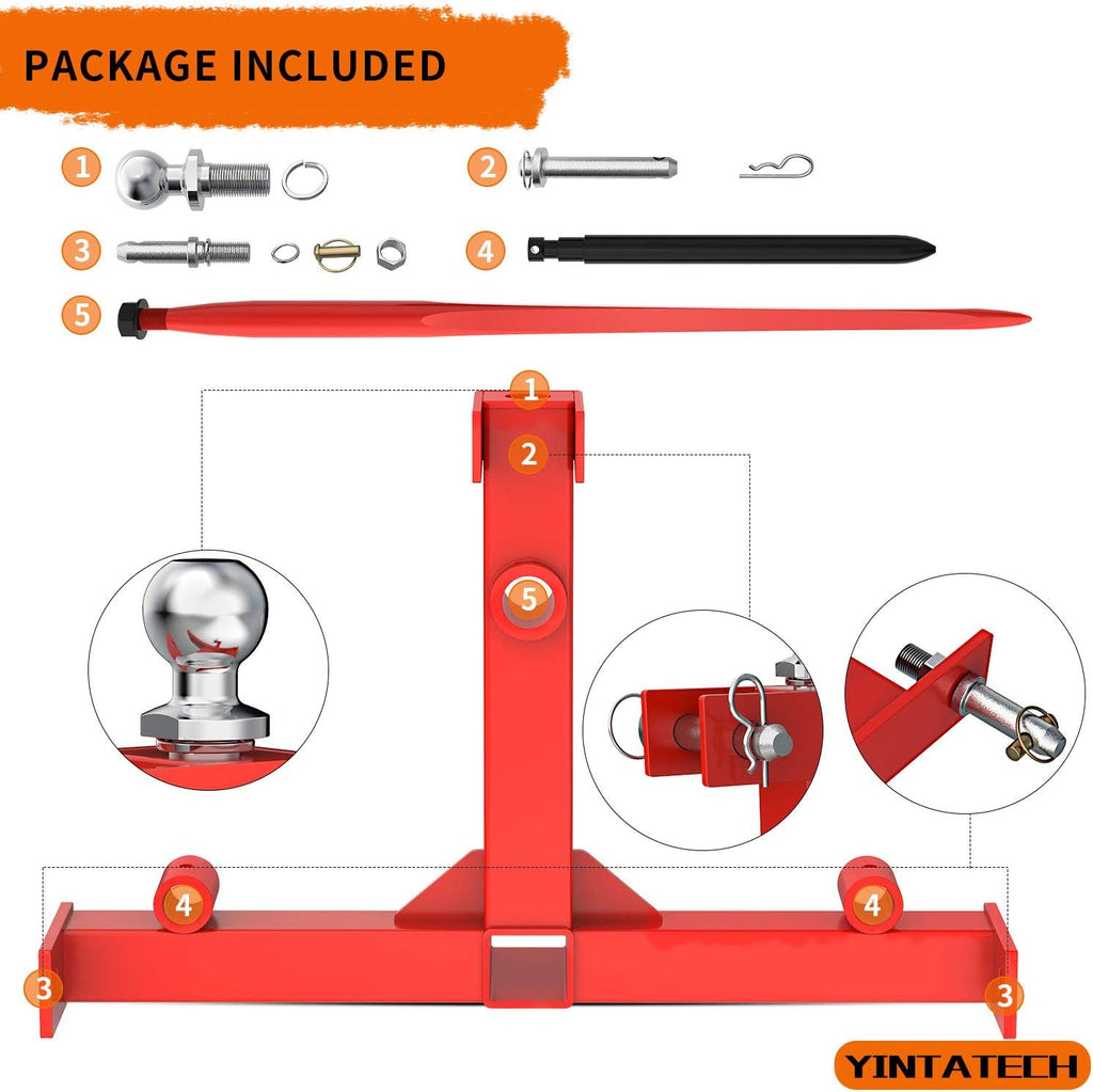 49” Hay Spear 3000lbs Capacity with 2 Stabilizers, 3 Point Trailer Hitch 2" Receiver with Trailer Ball Gooseneck Drawbar for Category 1 Tractor B983414