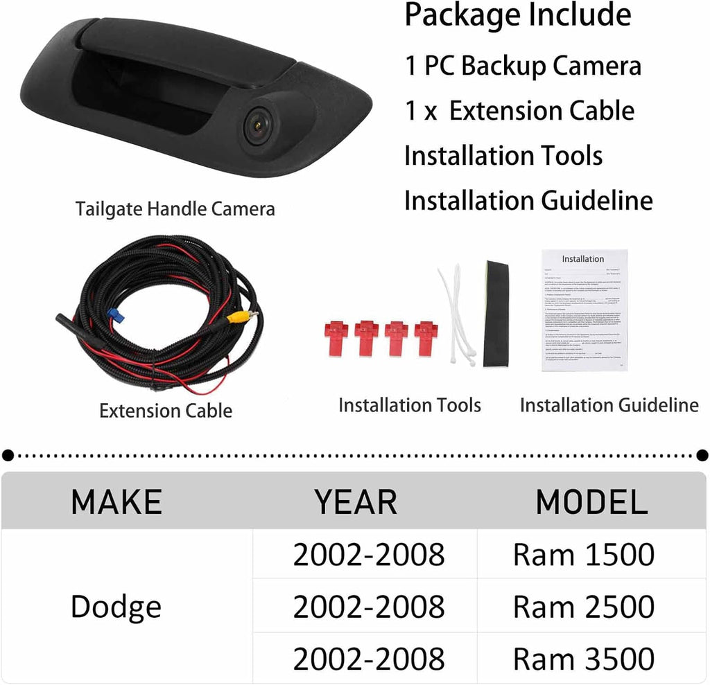 Tailgate Handle Backup Camera for Dodge Ram 1500 2500 3500 (2002-2008) Rear View Reverse Parking Camera with Optional Guideline RCA Connector (Black) E148065