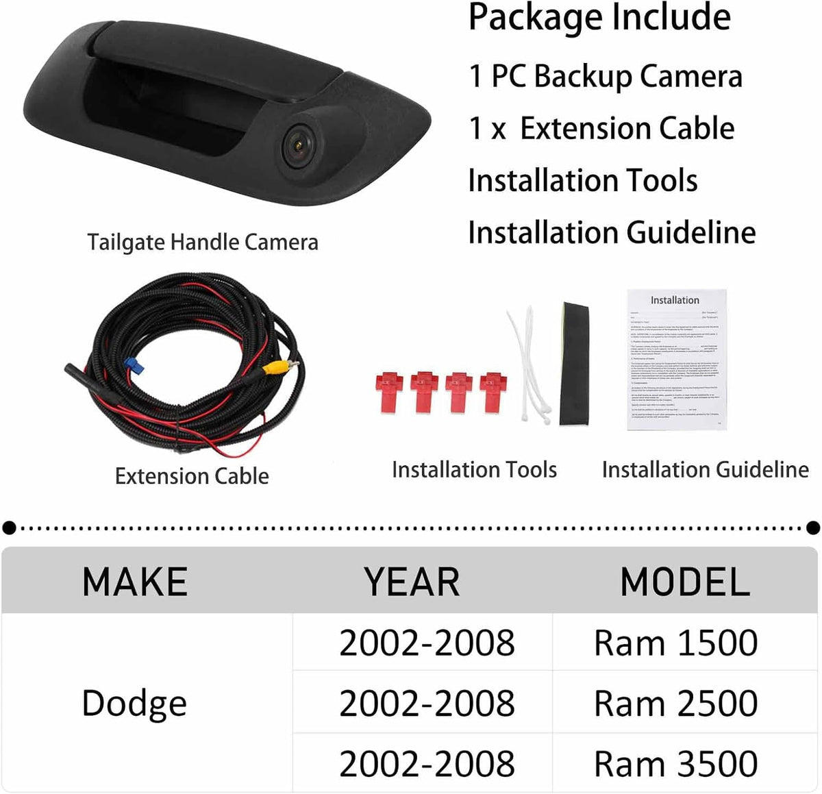 Tailgate Handle Backup Camera for Dodge Ram 1500 2500 3500 (2002-2008) Rear View Reverse Parking Camera with Optional Guideline RCA Connector (Black) E148065