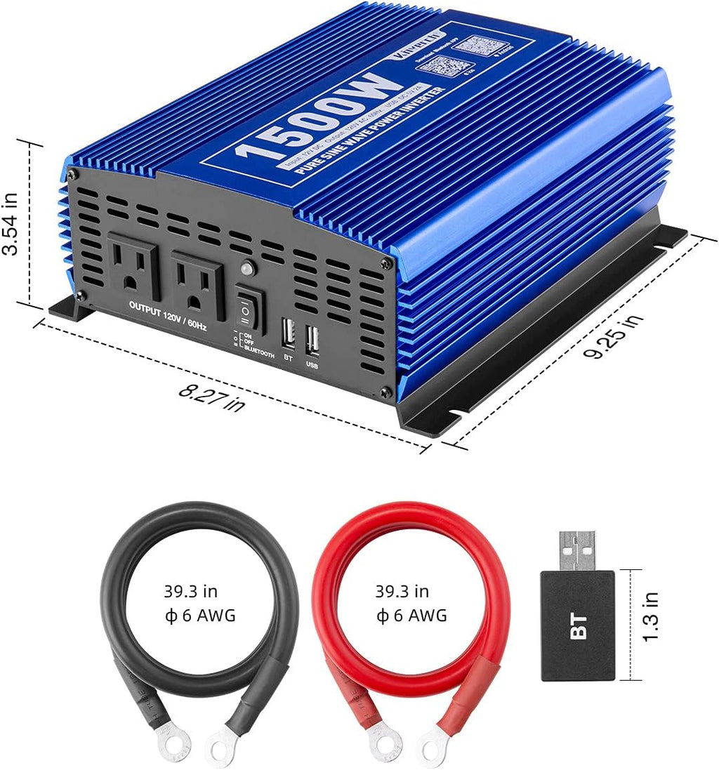 Pure Sine Wave Inverter 1000W DC 12V to AC 110V with Dual AC Outlets & 2A USB Ports G103