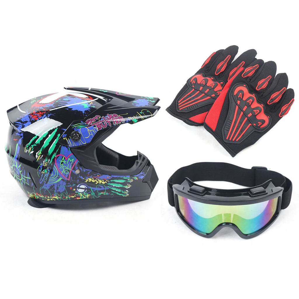 Youth Kids Motocross Helmet with Goggles Gloves DOT M491