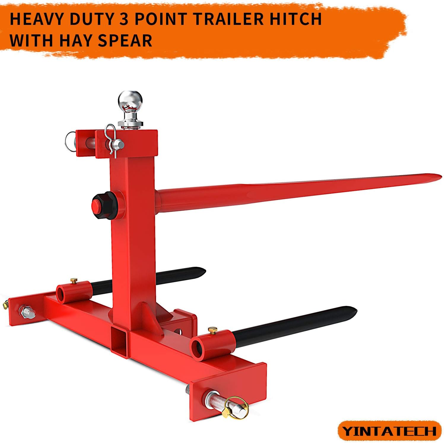 49” Hay Spear 3000lbs Capacity with 2 Stabilizers, 3 Point Trailer Hitch 2" Receiver with Trailer Ball Gooseneck Drawbar for Category 1 Tractor B983414