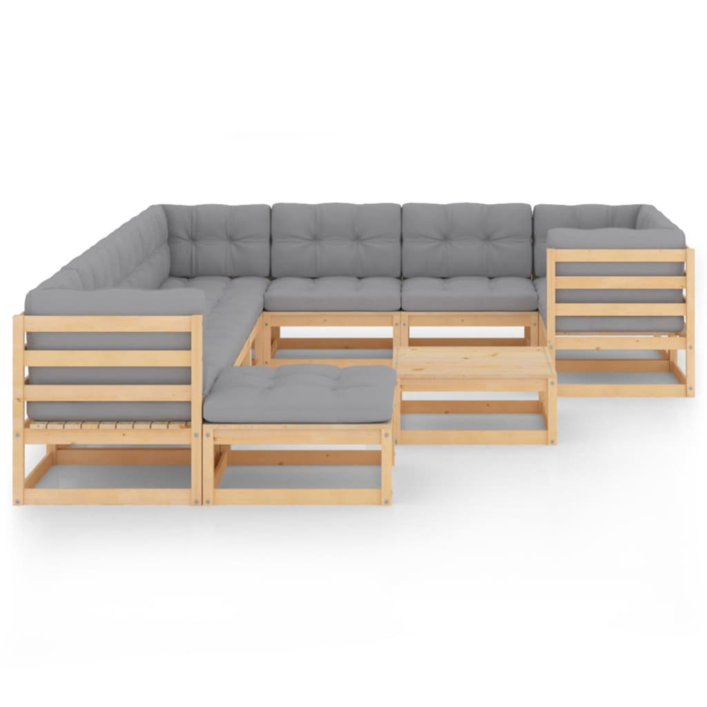 11 Piece Gray Cushioned Pinewood Sectional Outdoor Furniture Set M433