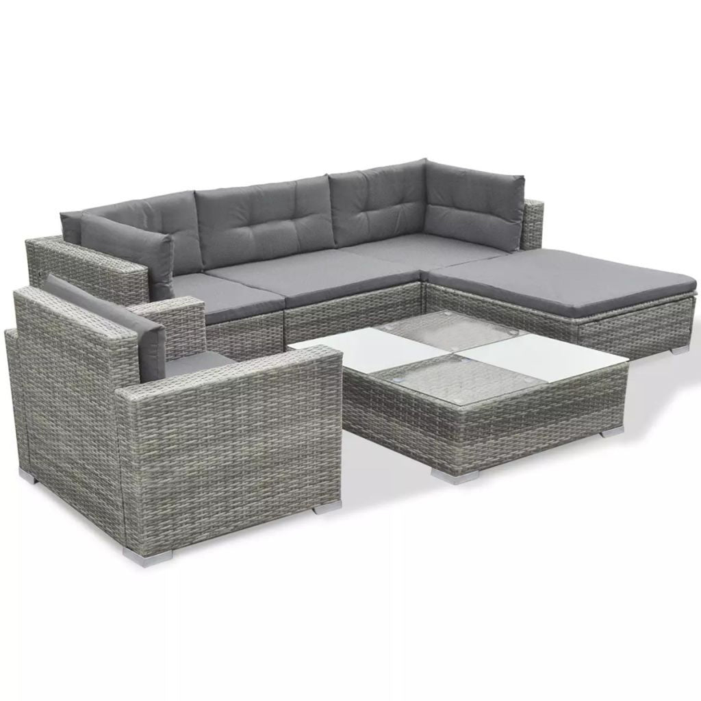 Grey Rattan Patio Sectional Sofa Set with Cushions Ottoman and Coffee Table I687984