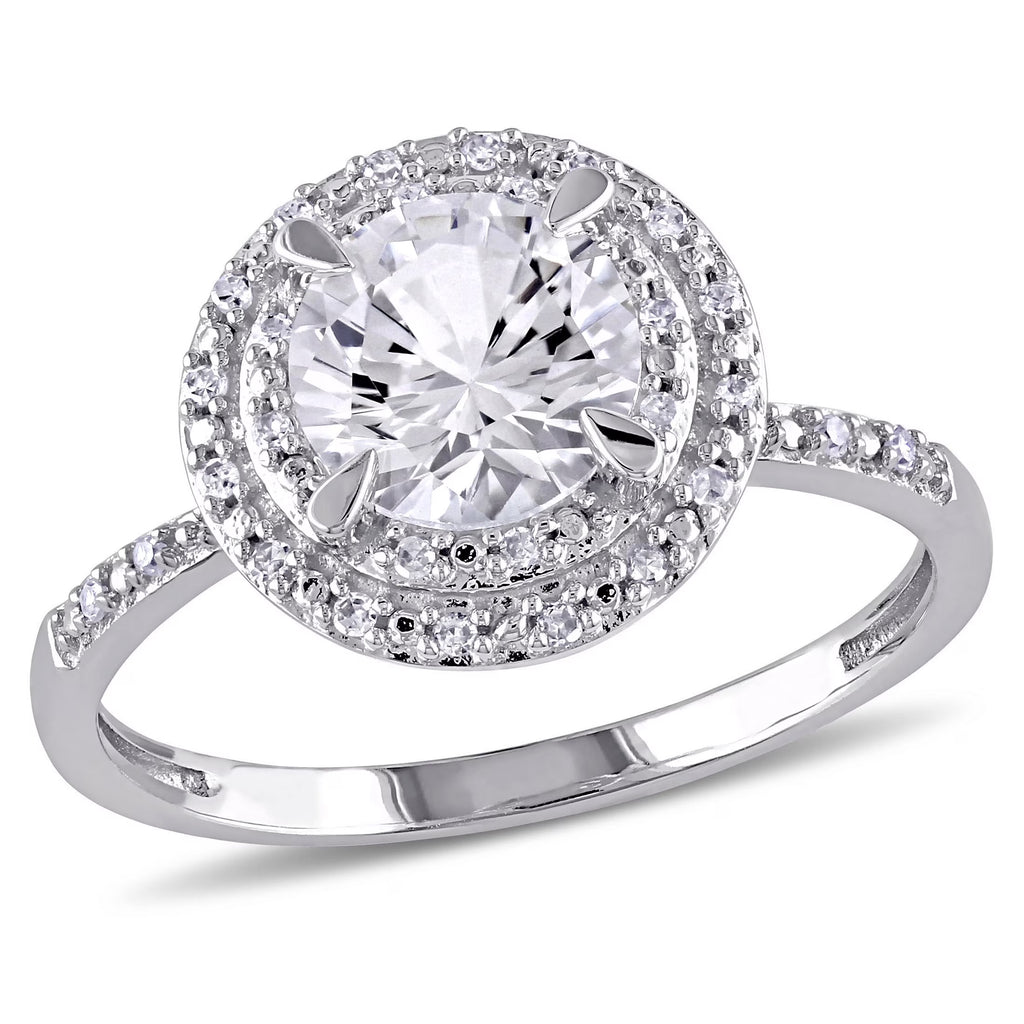 10kt White Gold Created White Sapphire Diamond Halo Engagement Ring V1682