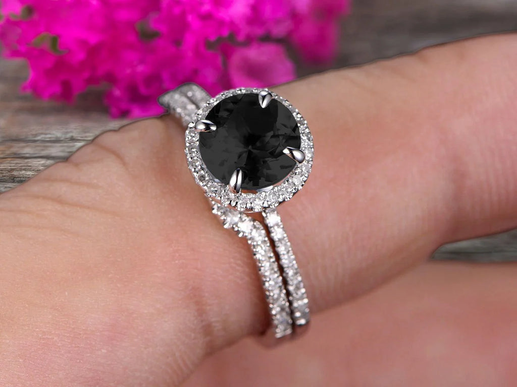 2.25 Carat Black Diamond Moissanite Engagement Ring Set With Curved Diamond Matching Band 10K White Gold Bridal Ring Set W300