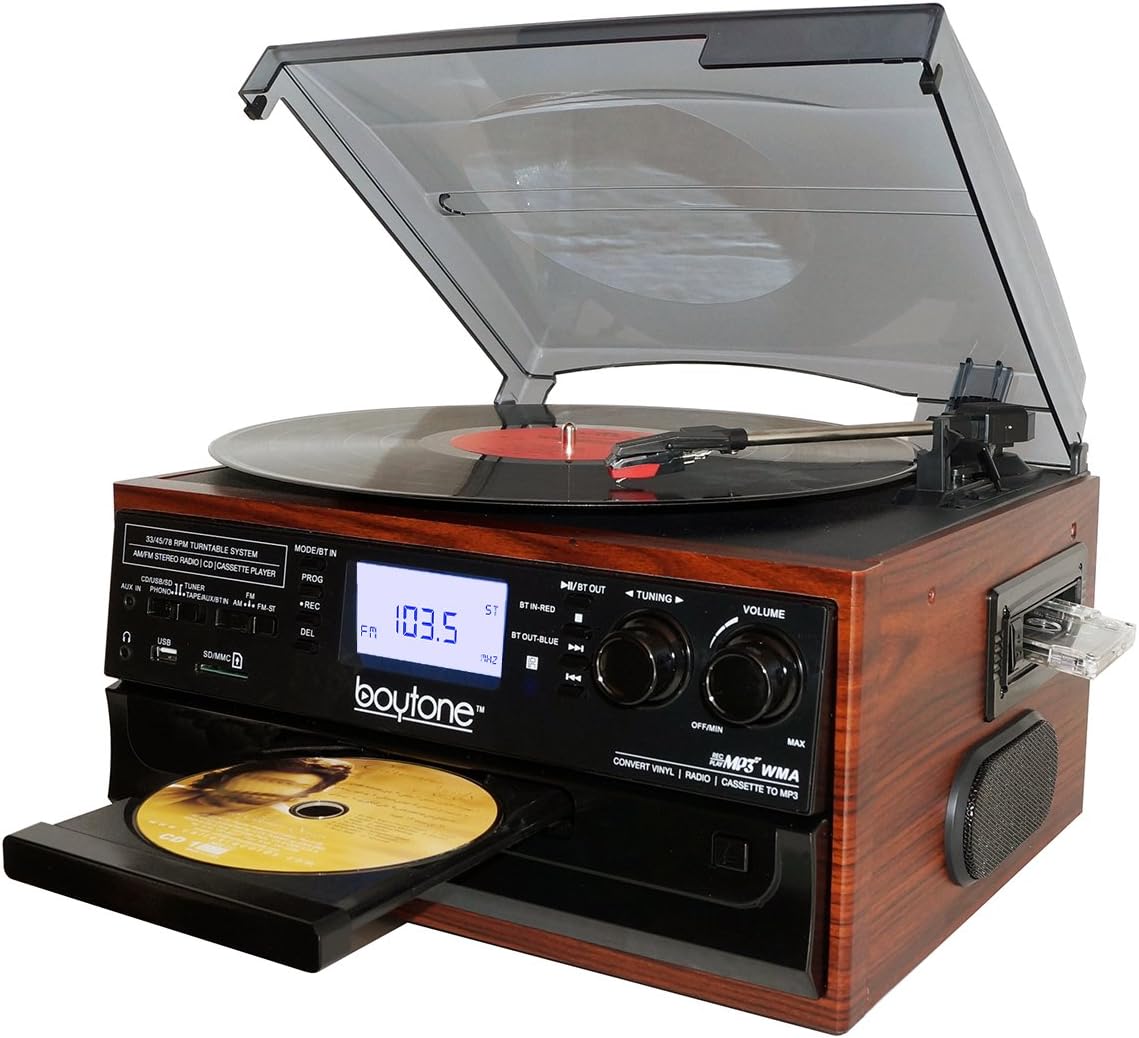Bluetooth Record Player Turntable with AM/FM Radio, Cassette, CD Player, 2 Built in Speaker, SD Slot, USB, AUX V827024