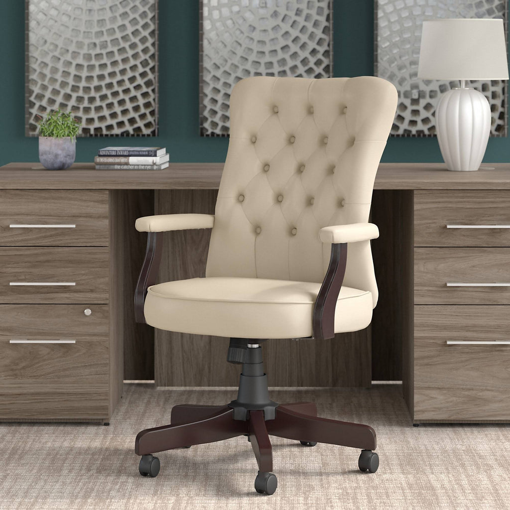 Antique White Leather High Back Tufted Office Chair with Arms C65201
