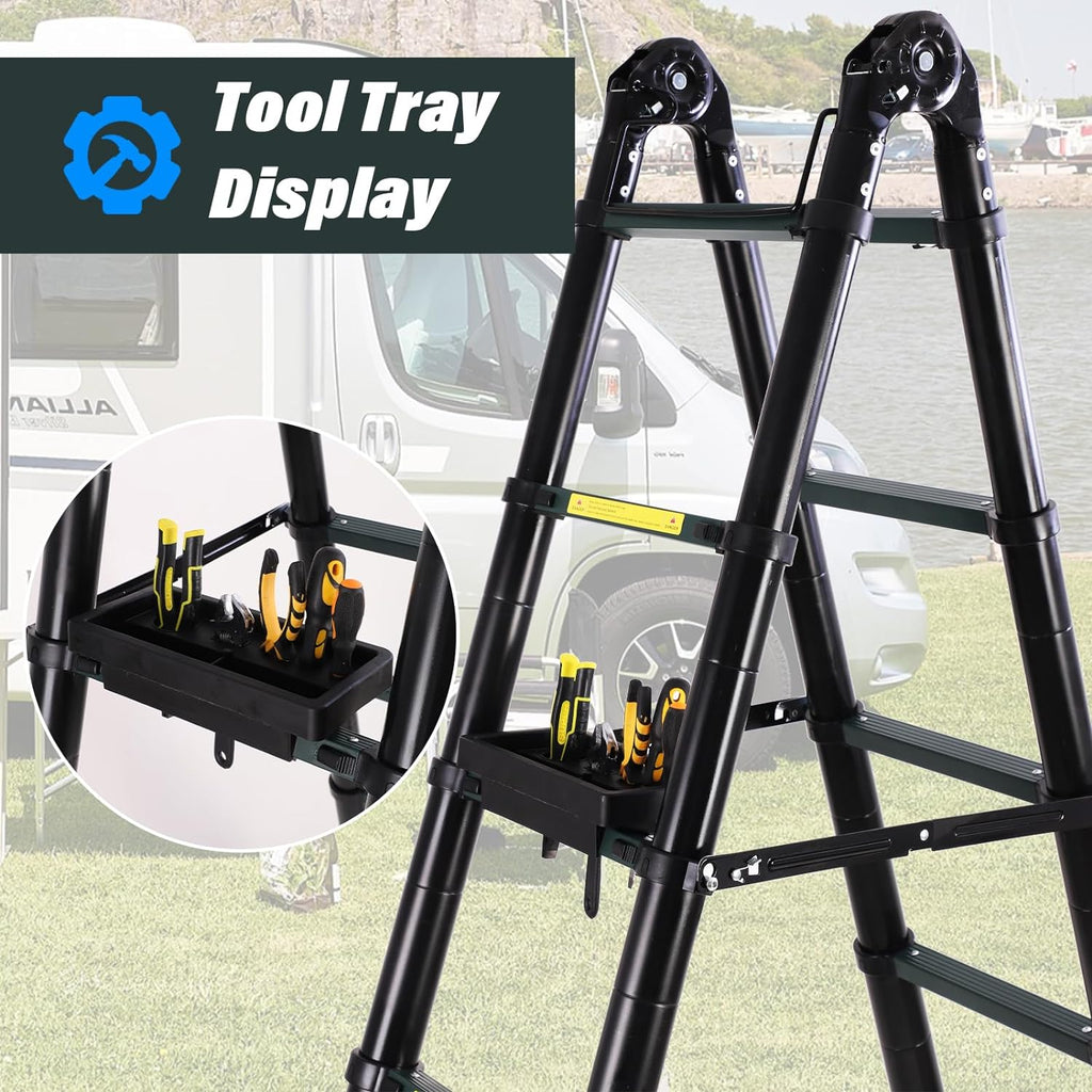 16.5FT Telescoping Aluminum Ladder with Tool Platform and Wheels F846974