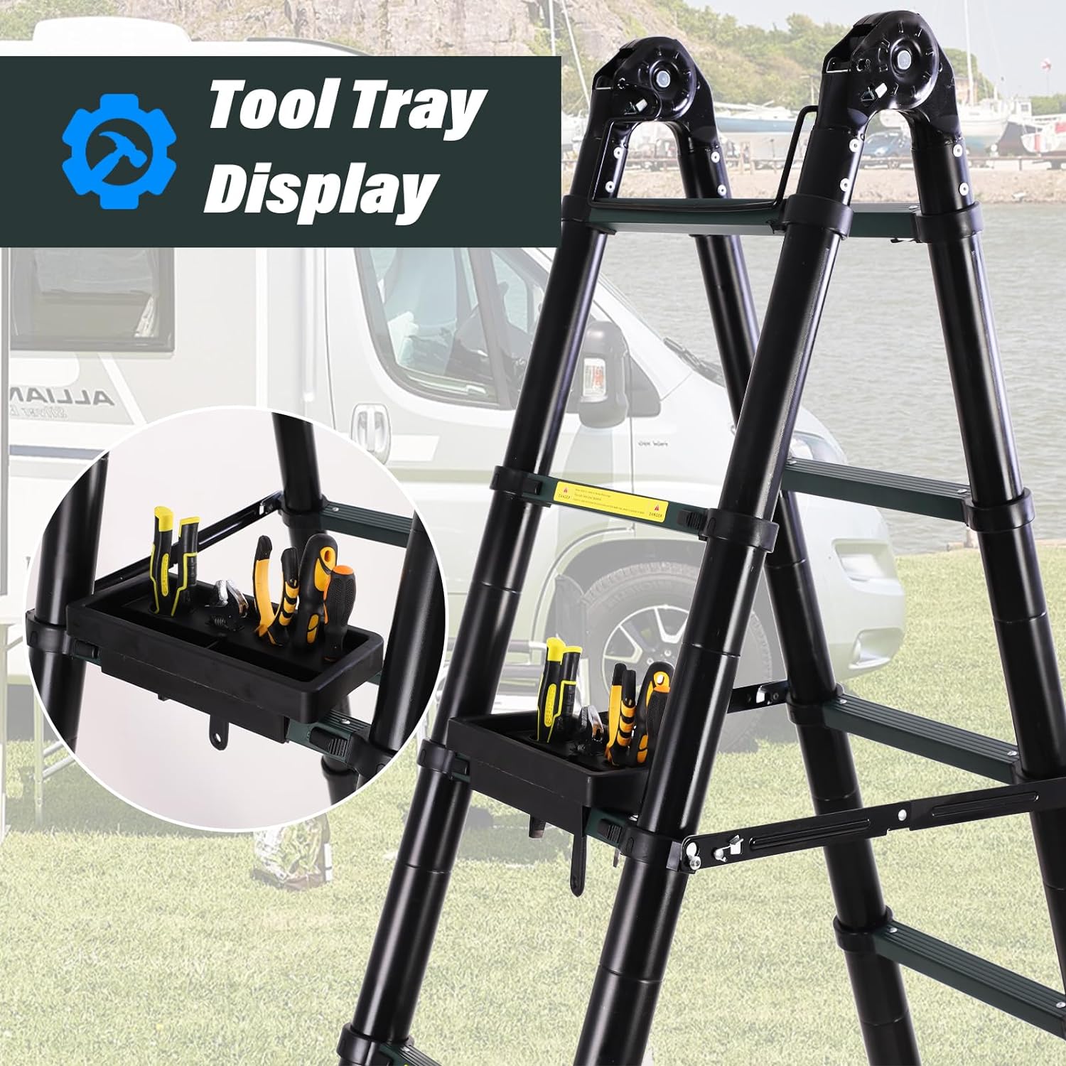 16.5FT Telescoping Aluminum Ladder with Tool Platform and Wheels F846974