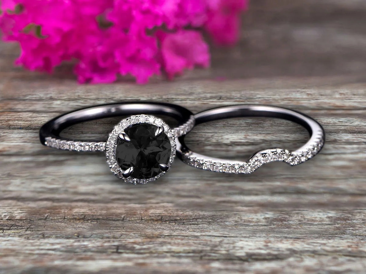 2.25 Carat Black Diamond Moissanite Engagement Ring Set With Curved Diamond Matching Band 10K White Gold Bridal Ring Set W300
