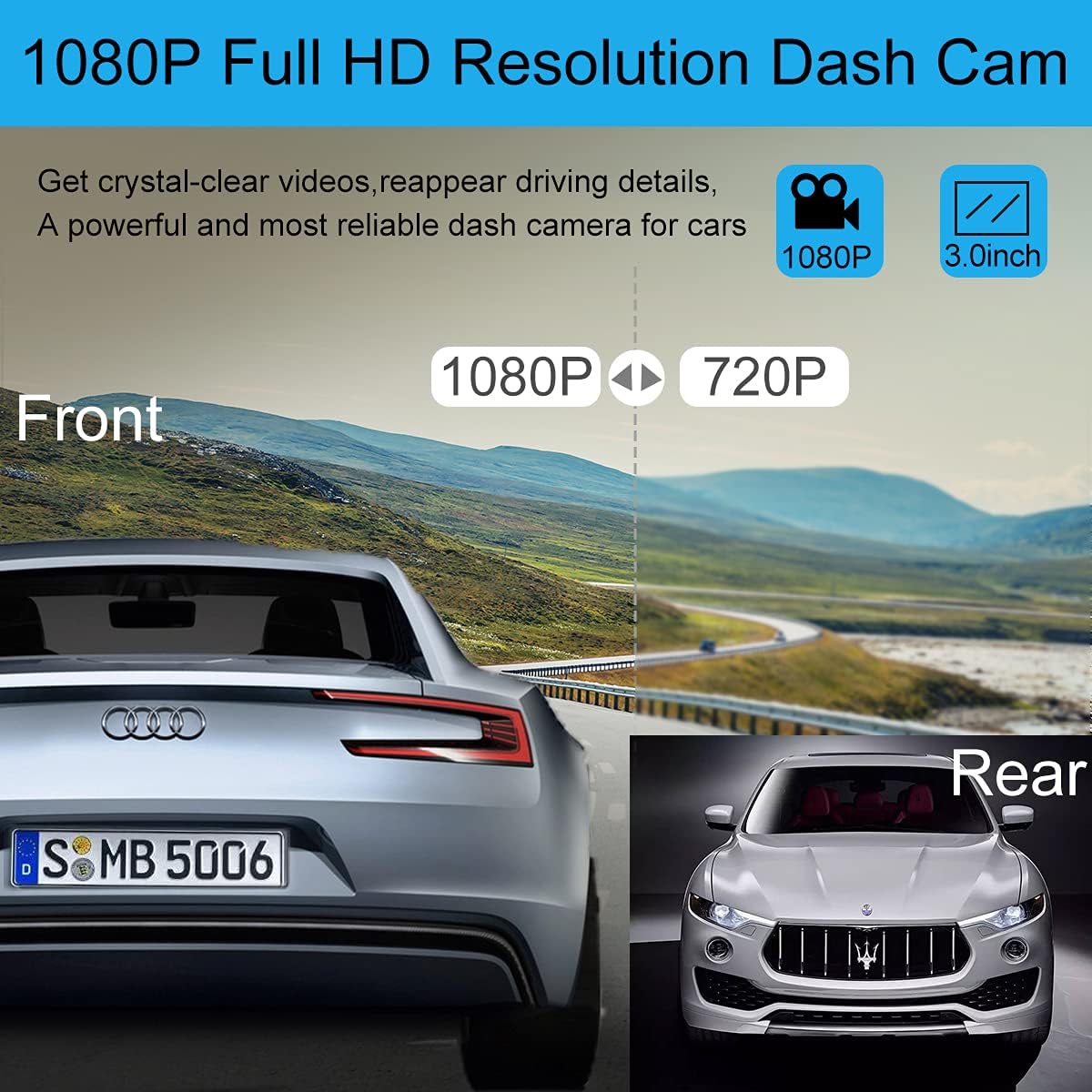 Dash Cam Front and Rear 1080P Full HD Dual Dash Cam 3 IPS Screen Night Vision 170° Wide Angle Motion Detection G-Sensor with SD Card W215174