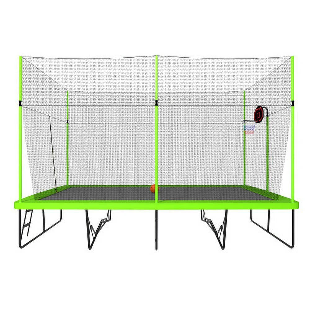 10ft by 17ft Rectangular Trampoline with Green Fabric Black Powder-coated Galvanized Steel Tubes with Basketball Hoop System C8853