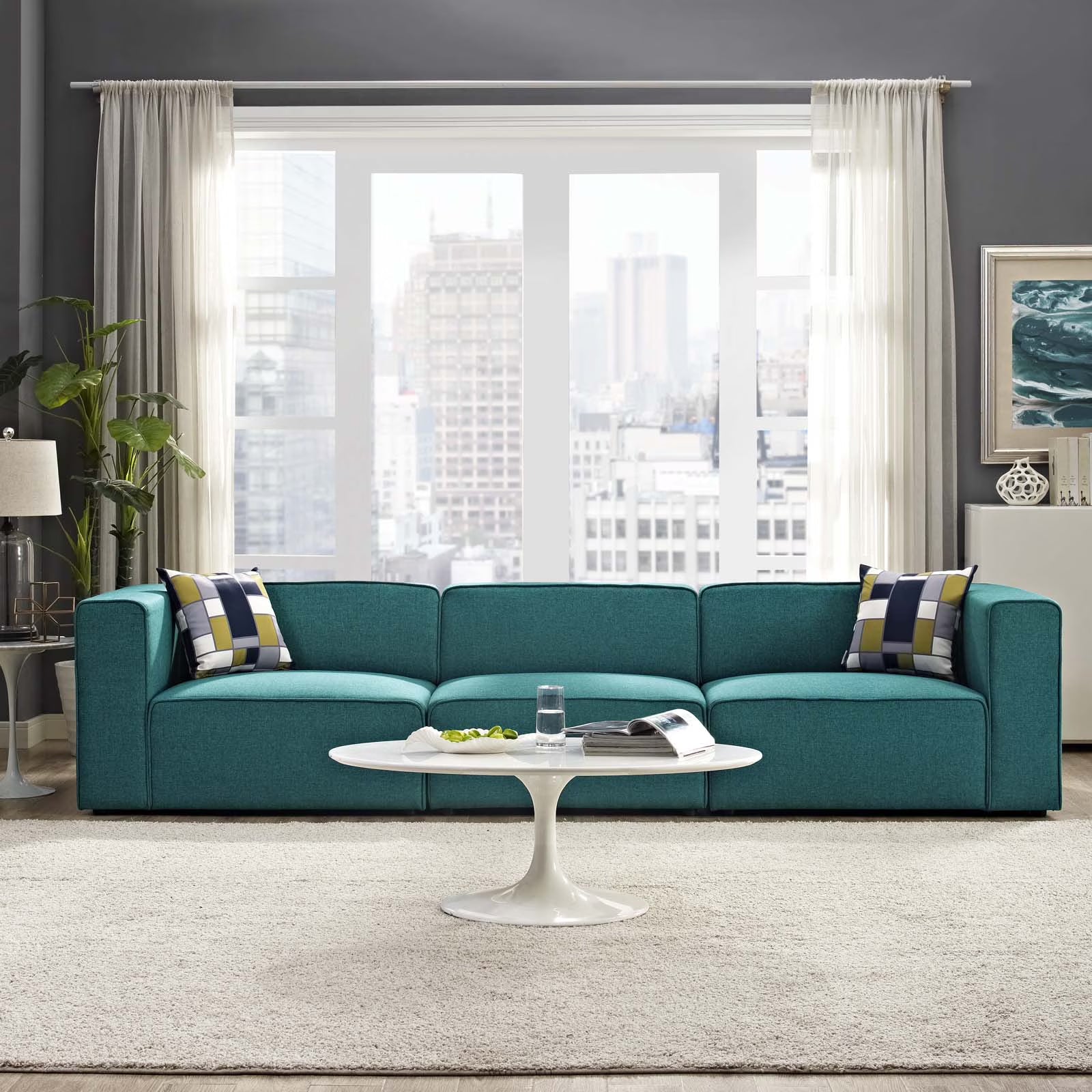 Teal 3 Piece Upholstered Fabric Sectional Sofa Set Z14264
