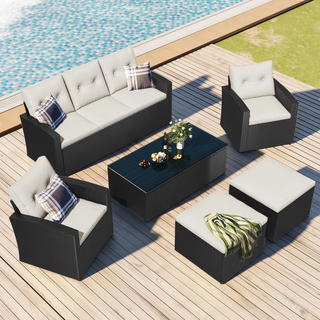 6-piece PE rattan Patio Sectional Set with coffee table, ottomans, removable cushions U2308