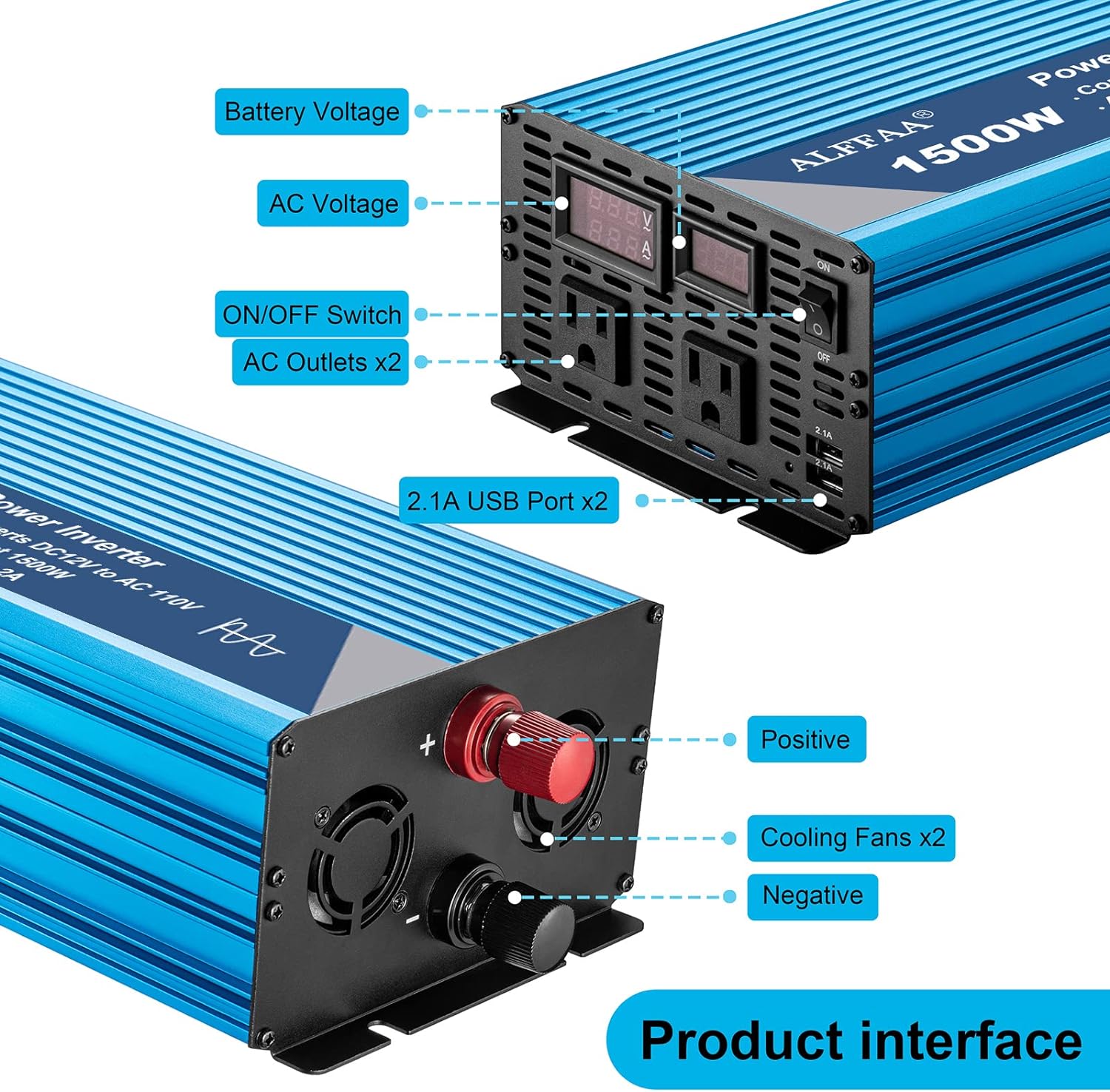 1500W Pure Sine Wave Power Inverter 12V to 110V with USB Port, LCD Display R441