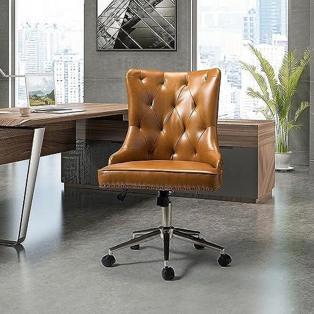 Camel PU Leather Armless Ergonomic Swivel Task Chair with 5 Rolling Casters R7143