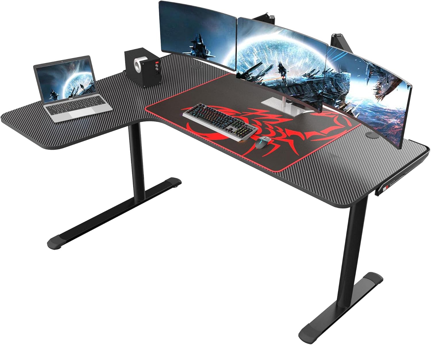 Black L Shaped 60 Inch Gaming Desk with Mouse Pad and Cable Management H299