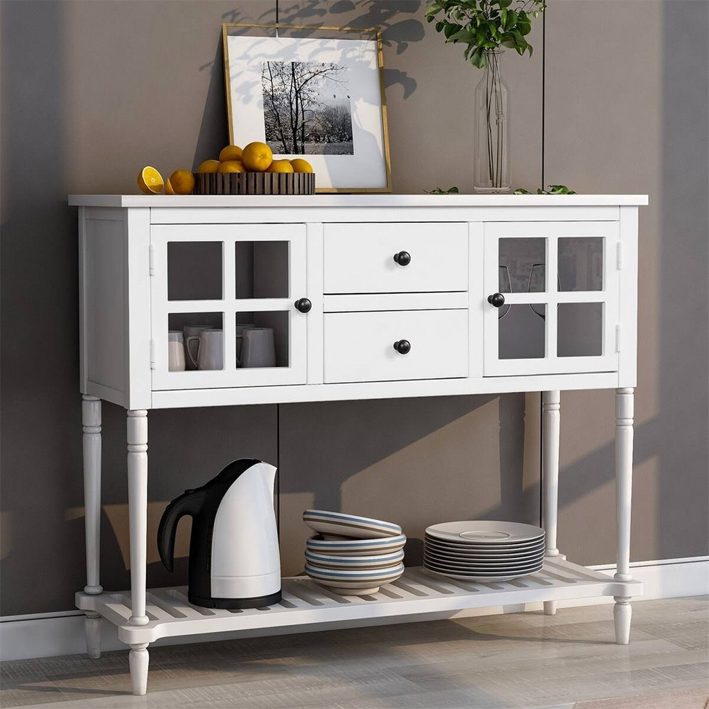 White Farmhouse Console Table with Glass Cabinet and Bottom Shelf F8038