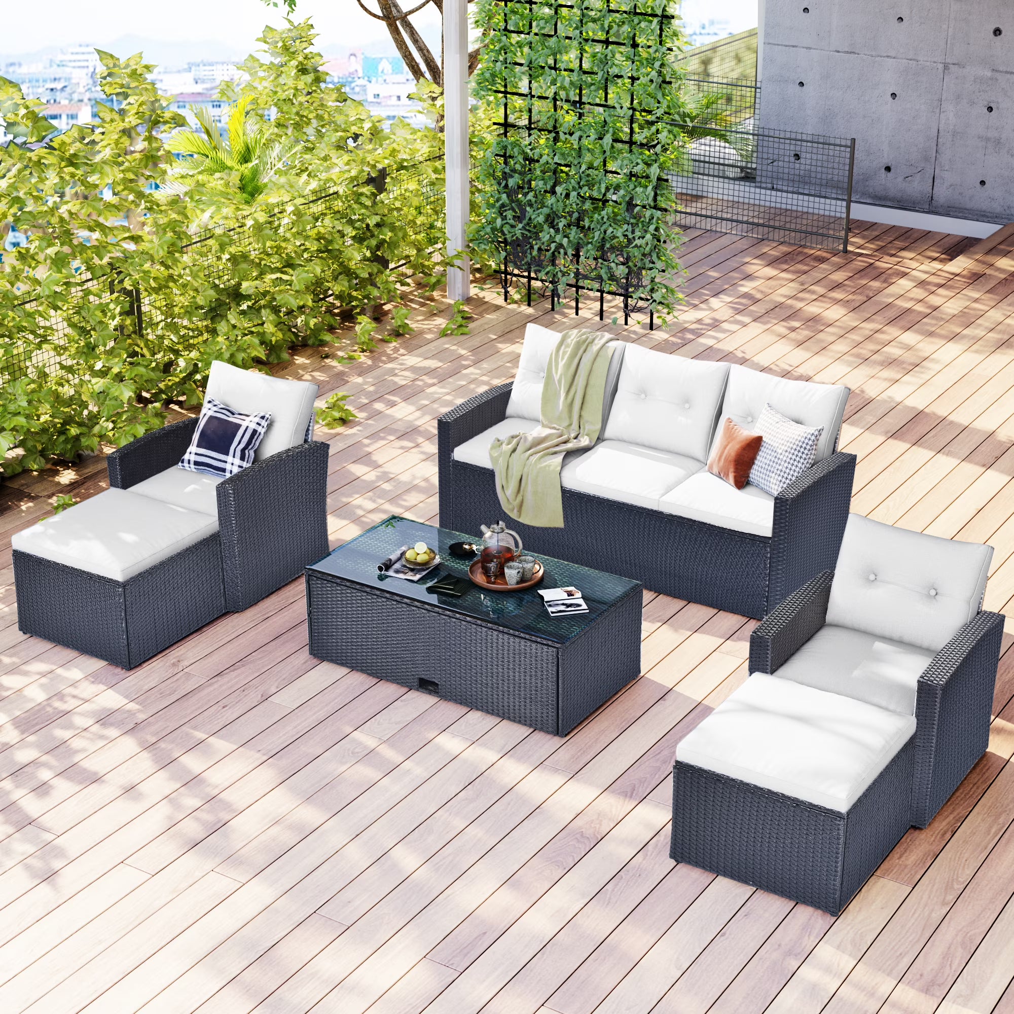 6-piece PE rattan Patio Sectional Set with coffee table, ottomans, removable cushions U2308