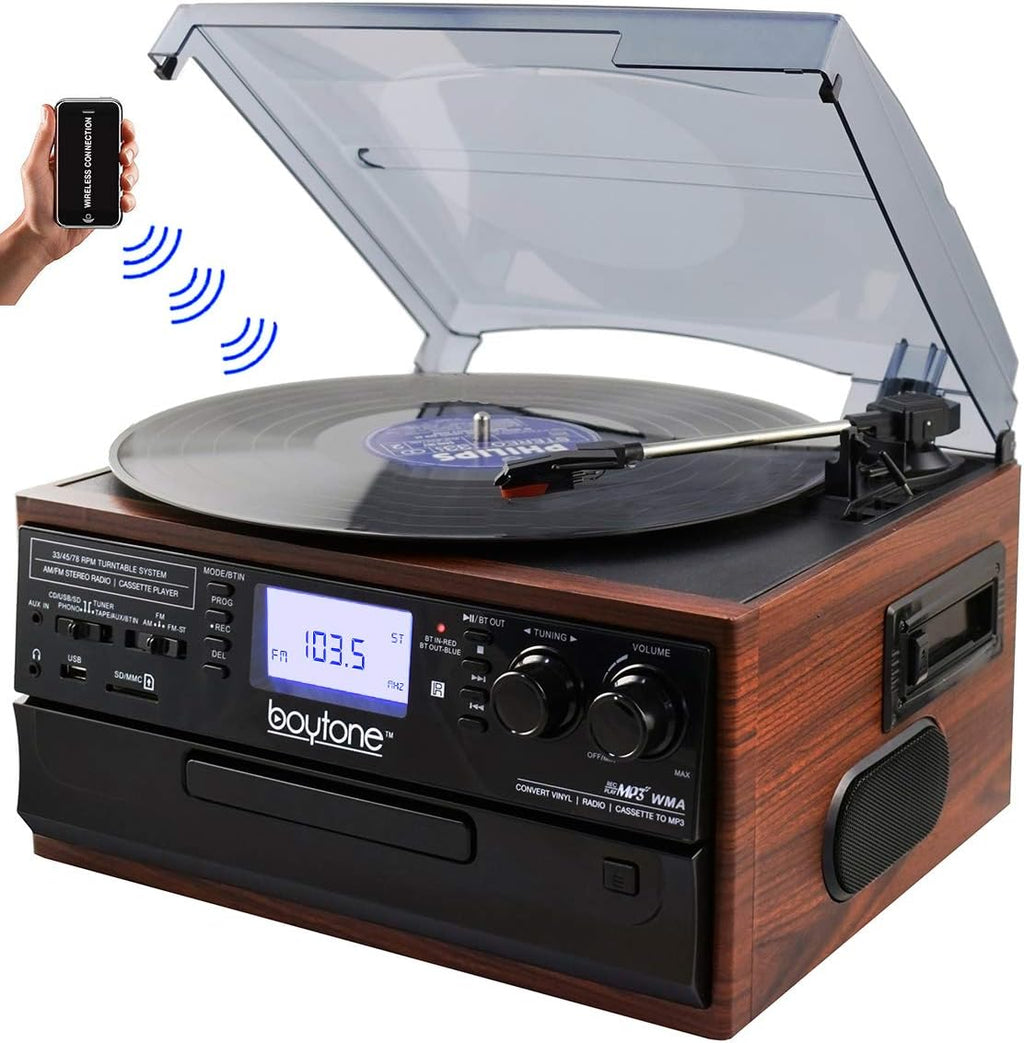 Bluetooth Record Player Turntable with AM/FM Radio, Cassette, CD Player, 2 Built in Speaker, SD Slot, USB, AUX V827024