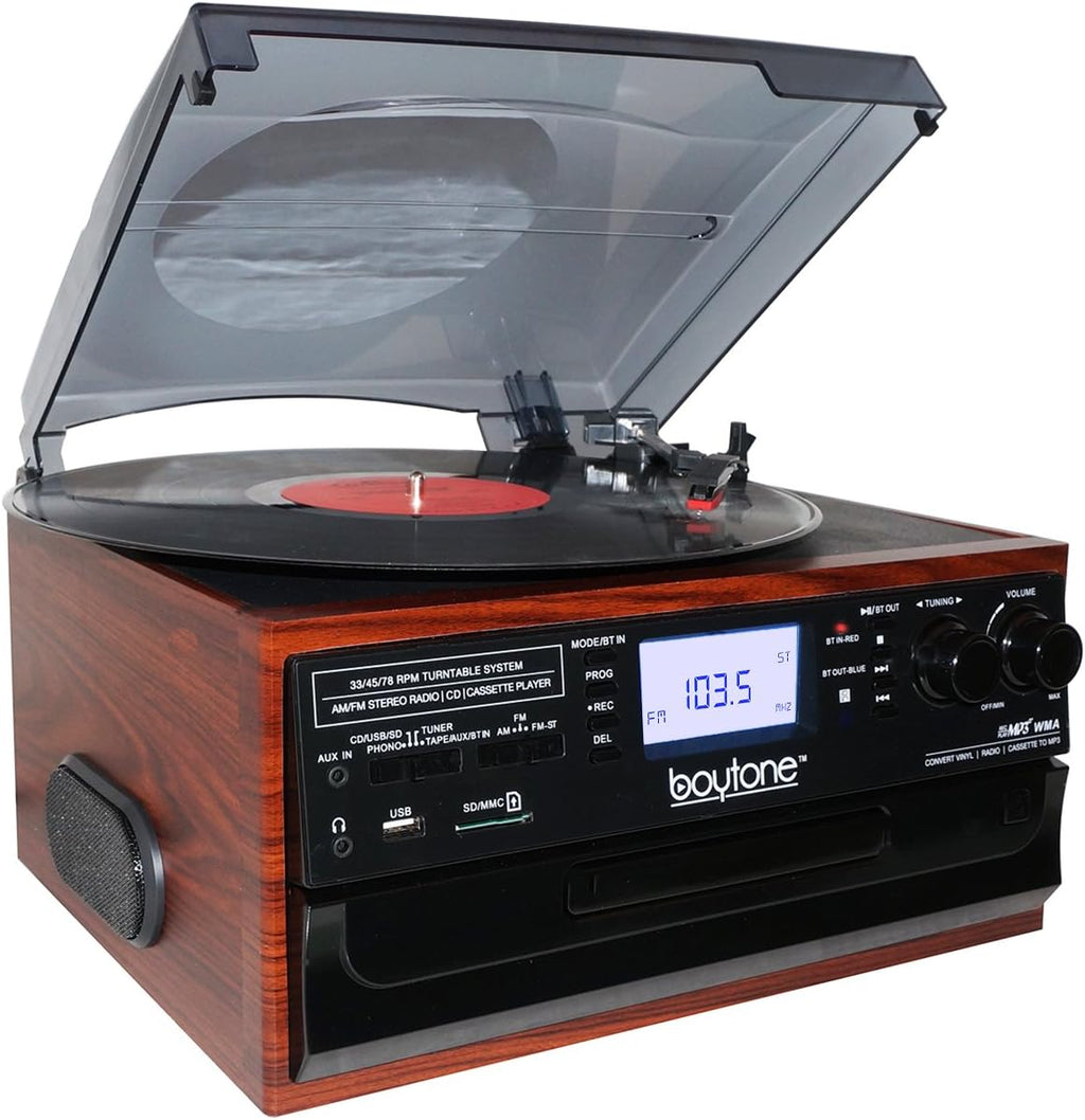 Bluetooth Record Player Turntable with AM/FM Radio, Cassette, CD Player, 2 Built in Speaker, SD Slot, USB, AUX V827024