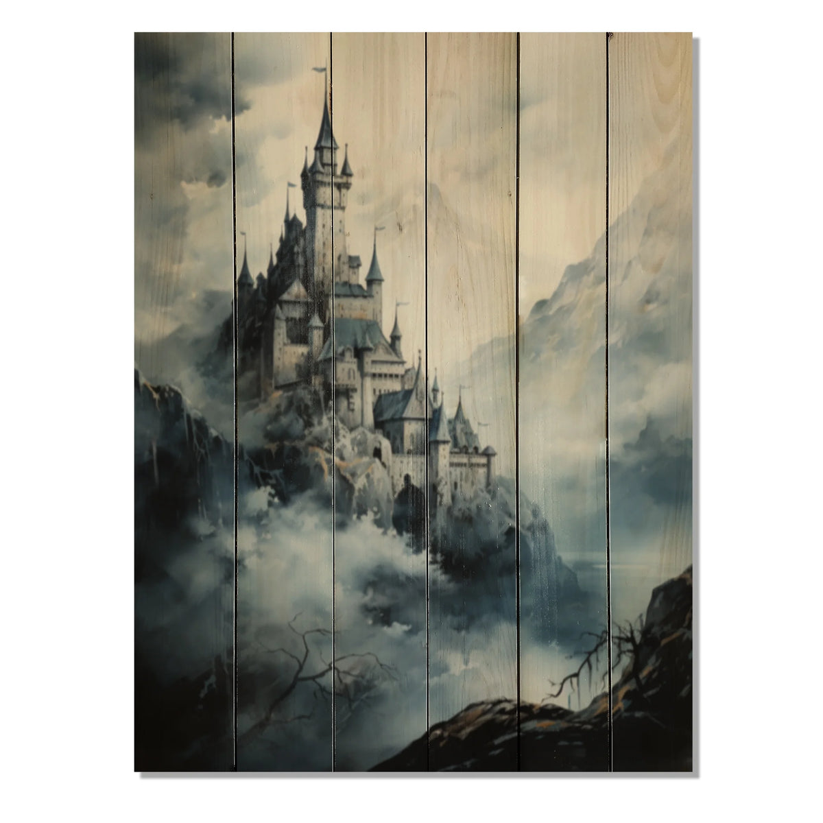 Mountain Fortress Castles Misty Painting II Print on Natural Pine Wood J967