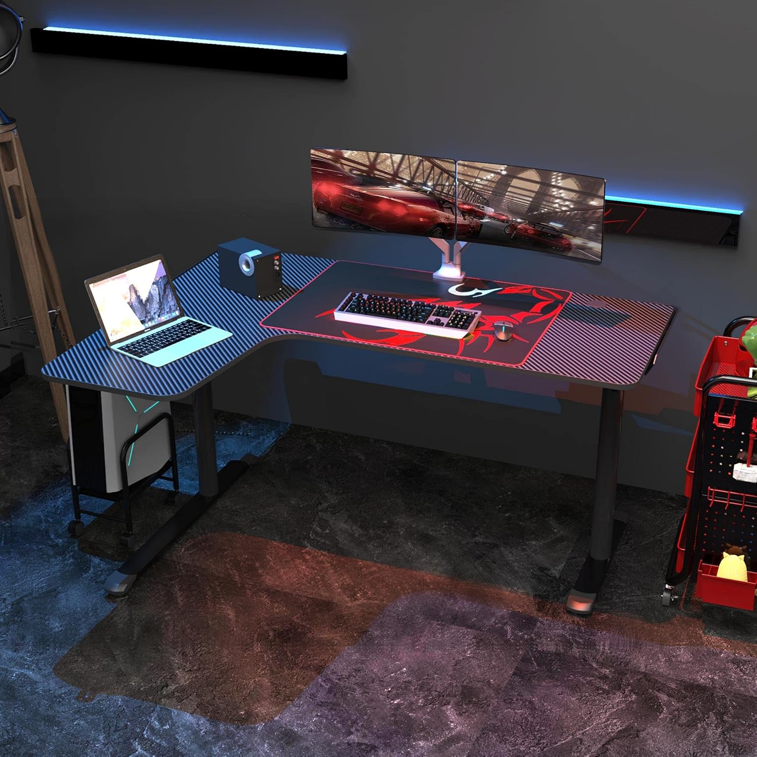 Black L Shaped 60 Inch Gaming Desk with Mouse Pad and Cable Management H299