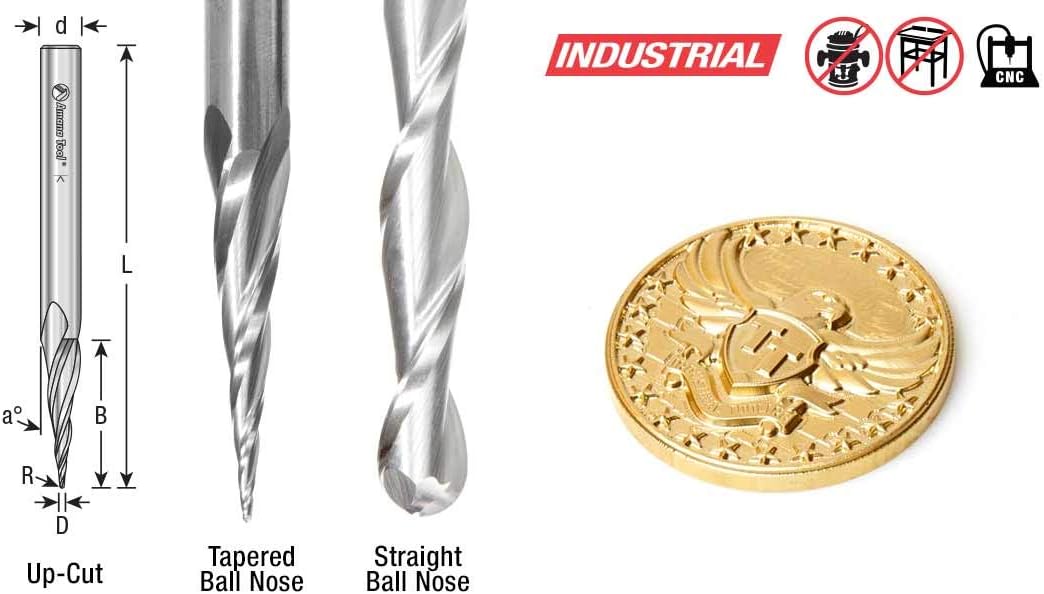 CNC 2D & 3D Carving 6.2 Deg Tapered Angle Ball Tip x 1/32 Dia x 1/6 Pack of 2 Y601699