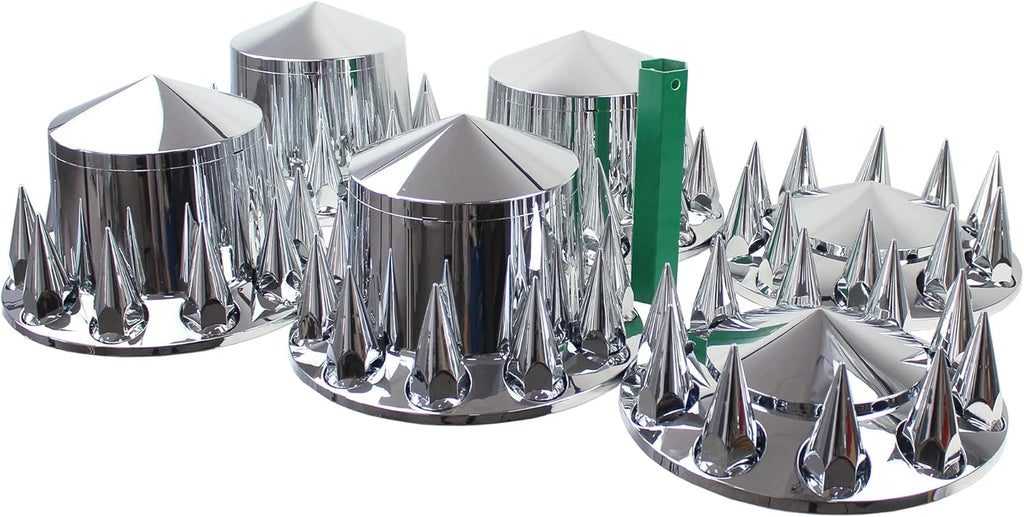 Chrome ABS 33 mm Thread-On Spiked Axle Cover Combo Kit with Removable Hub Caps and Lug Nut Covers S666