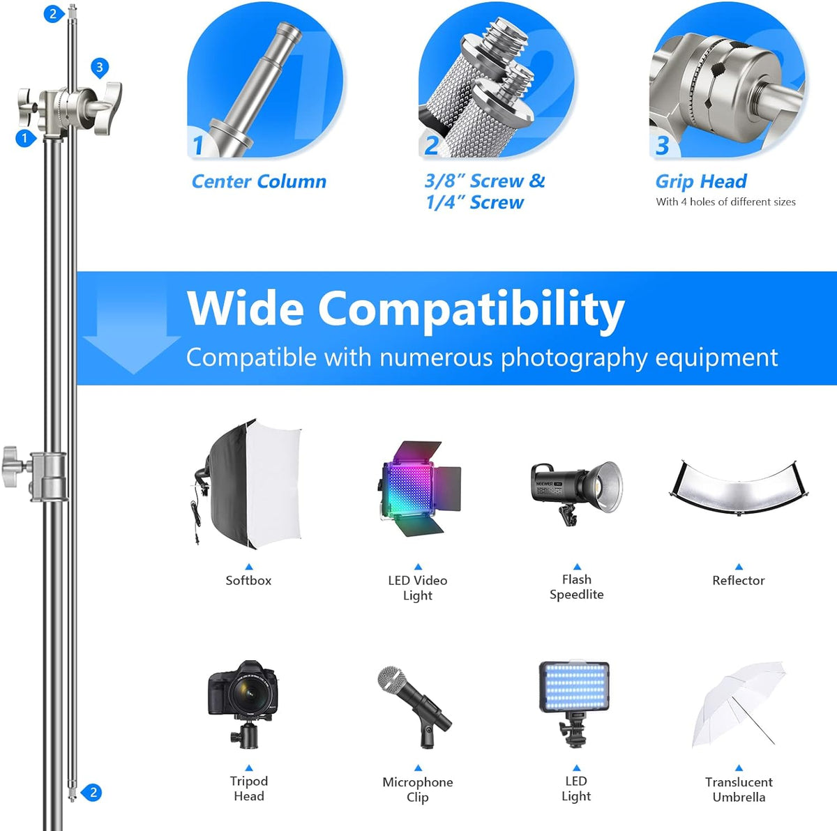 100% Stainless Steel C-Stand (2-Pack) with Extension Arm, Grip Head, Turtle Base Y90453