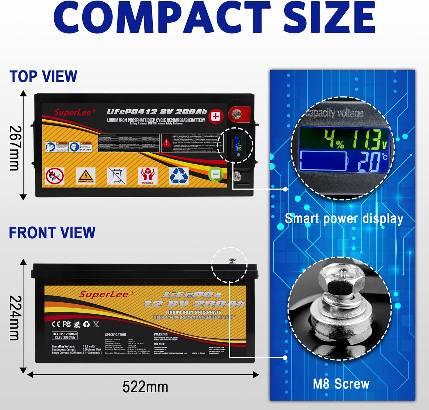 12.8V 200AH LiFePO4 Battery with LCD Display, 5000+ Cycle Lithium Iron Phosphate Battery with BMS D43430