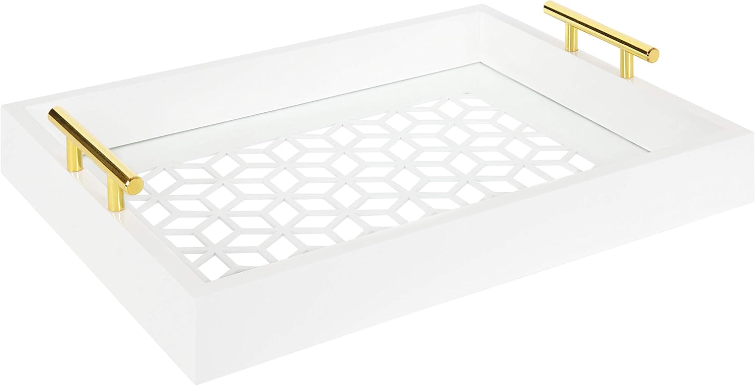 White and Gold Rectangle Decorative Tray with Metal Handles D702549