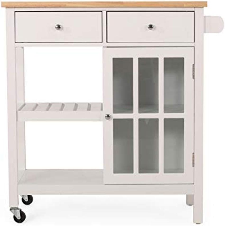 White and Natural Kitchen Cart with Wheels D3007