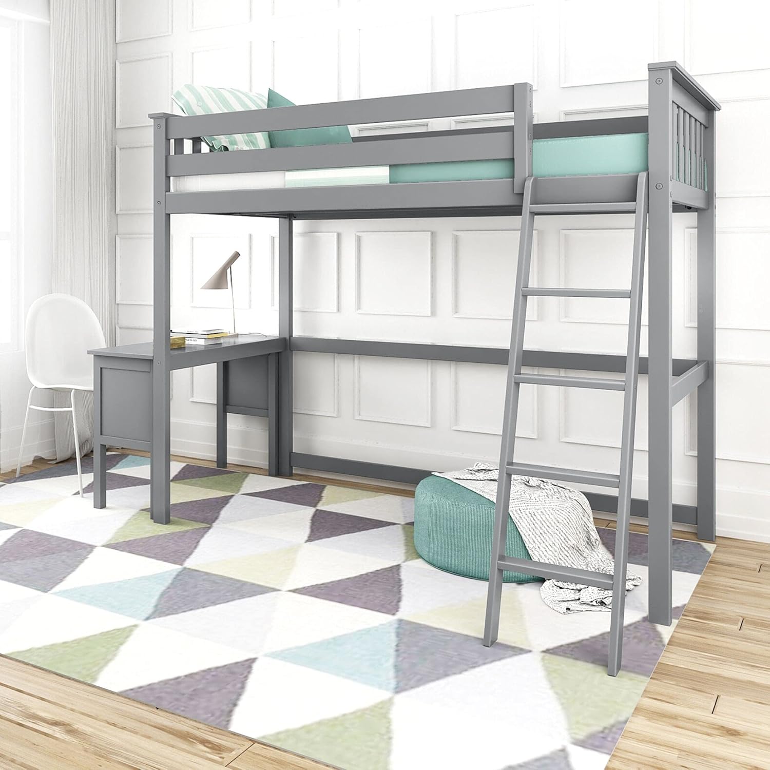 Twin High Loft Bed with Bookcase and Desk, White A196268