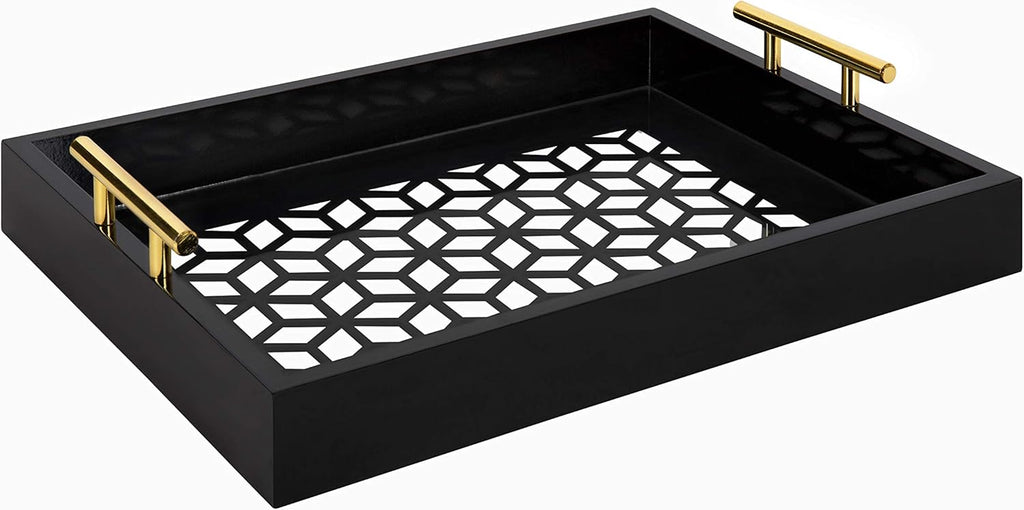 White and Gold Rectangle Decorative Tray with Metal Handles D702549