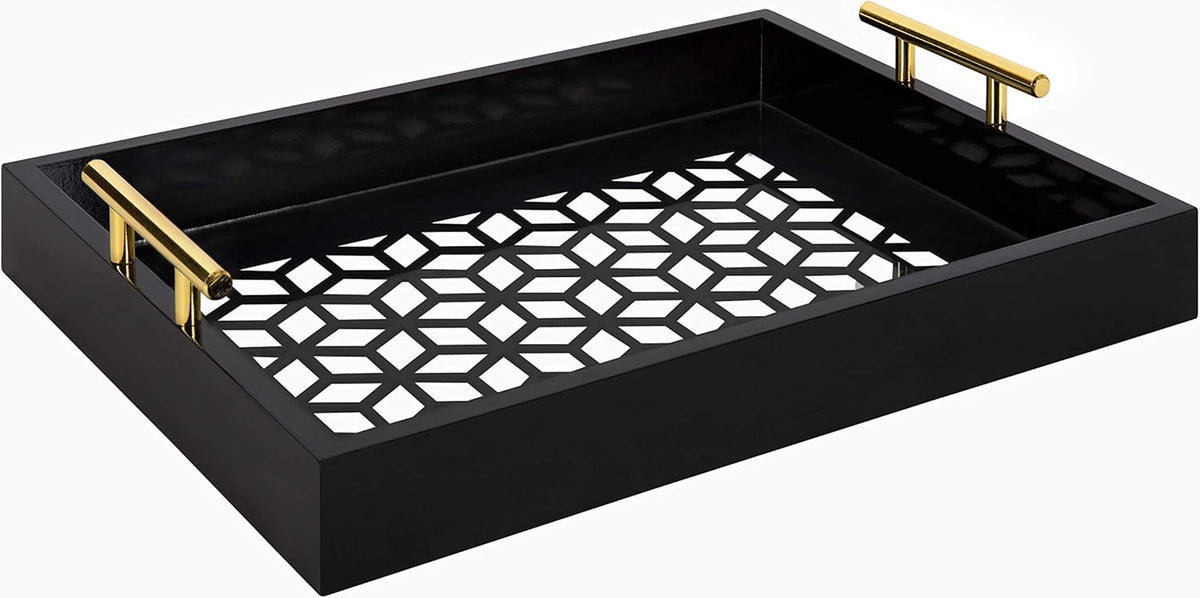 White and Gold Rectangle Decorative Tray with Metal Handles D702549
