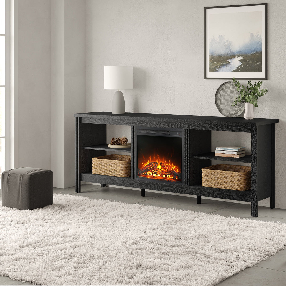 Black 70 inch Wood Fireplace TV Stand with 4 Storages P6889