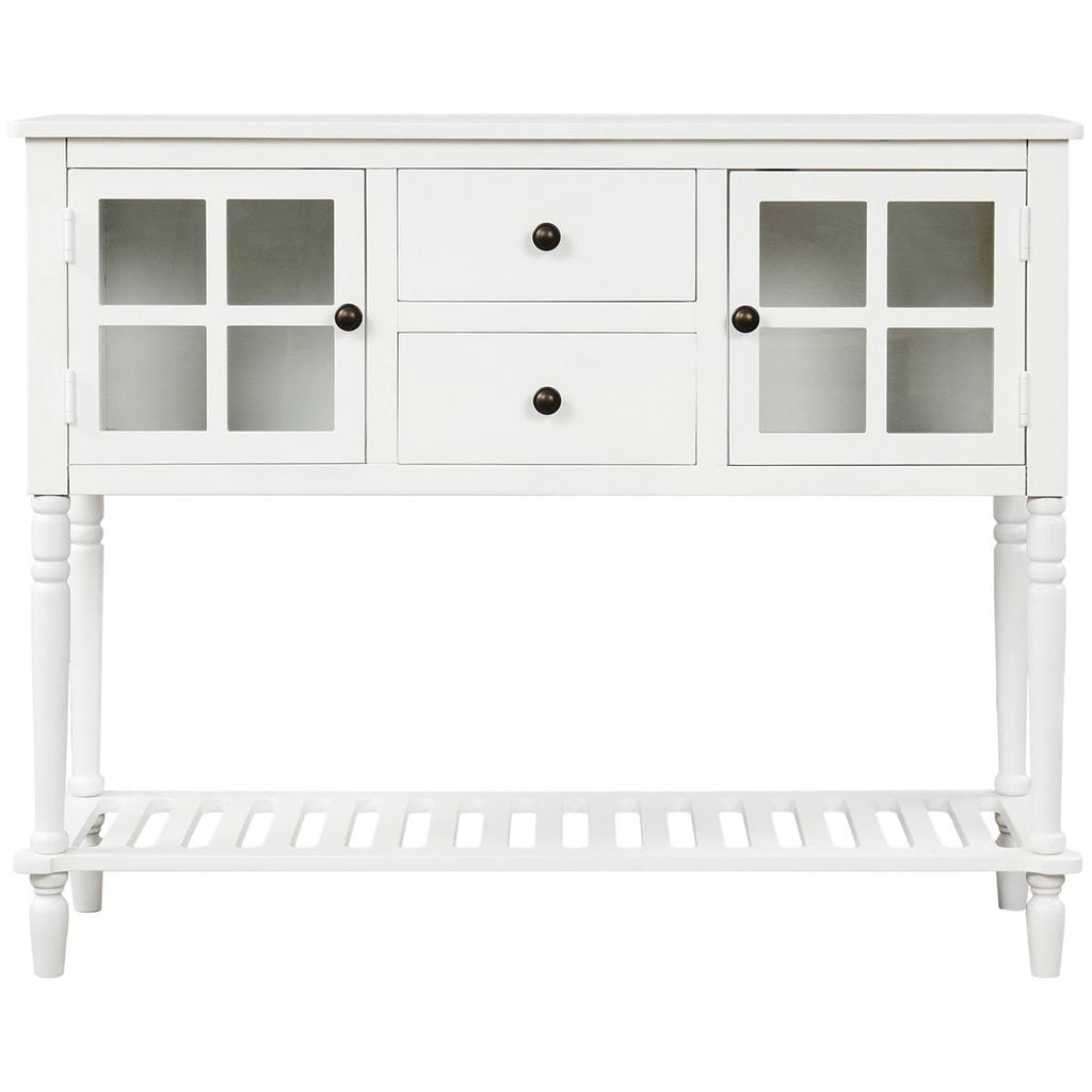 White Farmhouse Console Table with Glass Cabinet and Bottom Shelf F8038