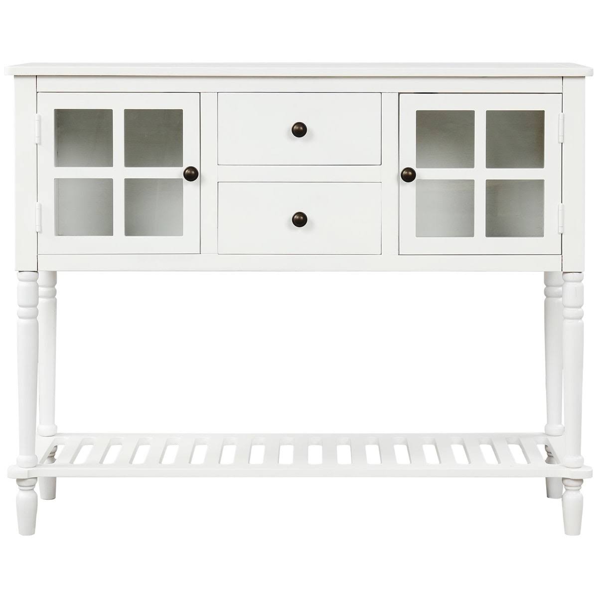 White Farmhouse Console Table with Glass Cabinet and Bottom Shelf F8038