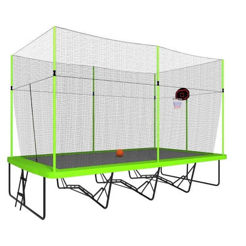 10ft by 17ft Rectangular Trampoline with Green Fabric Black Powder-coated Galvanized Steel Tubes with Basketball Hoop System C8853