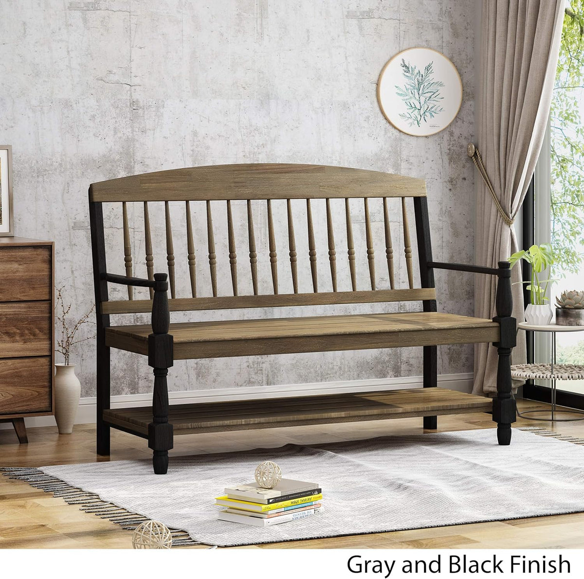 Gray and Black Acacia Wood Bench with Shelf N47239