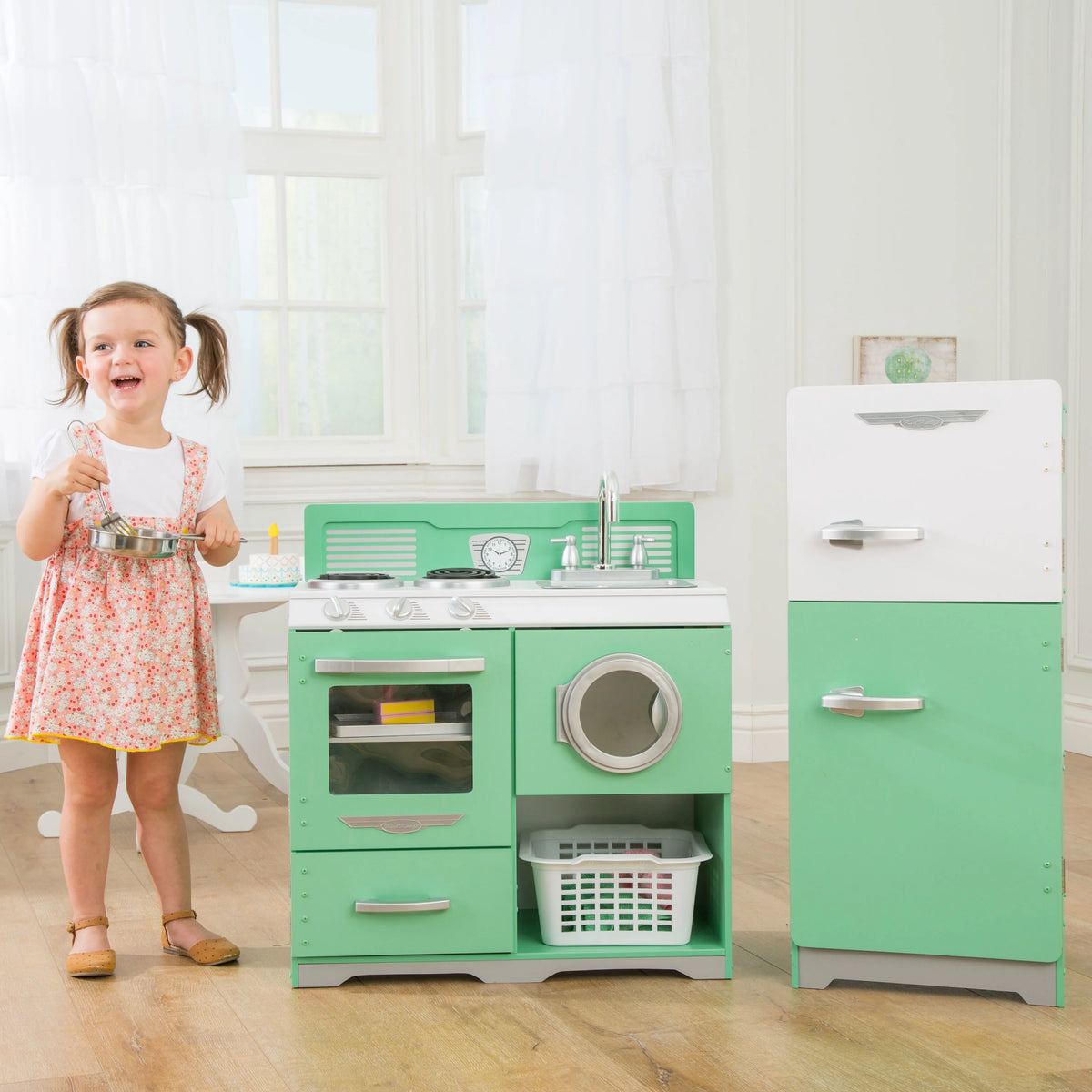2-Piece Wooden Play Kitchen Set with Refrigerator, Dryer and Laundry Basket F858168