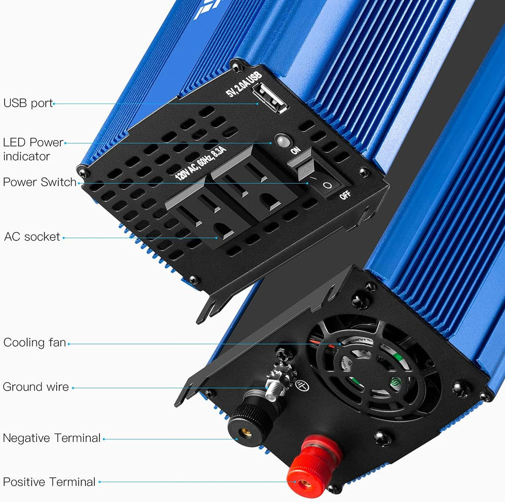 Pure Sine Wave Inverter 1000W DC 12V to AC 110V with Dual AC Outlets & 2A USB Ports G103