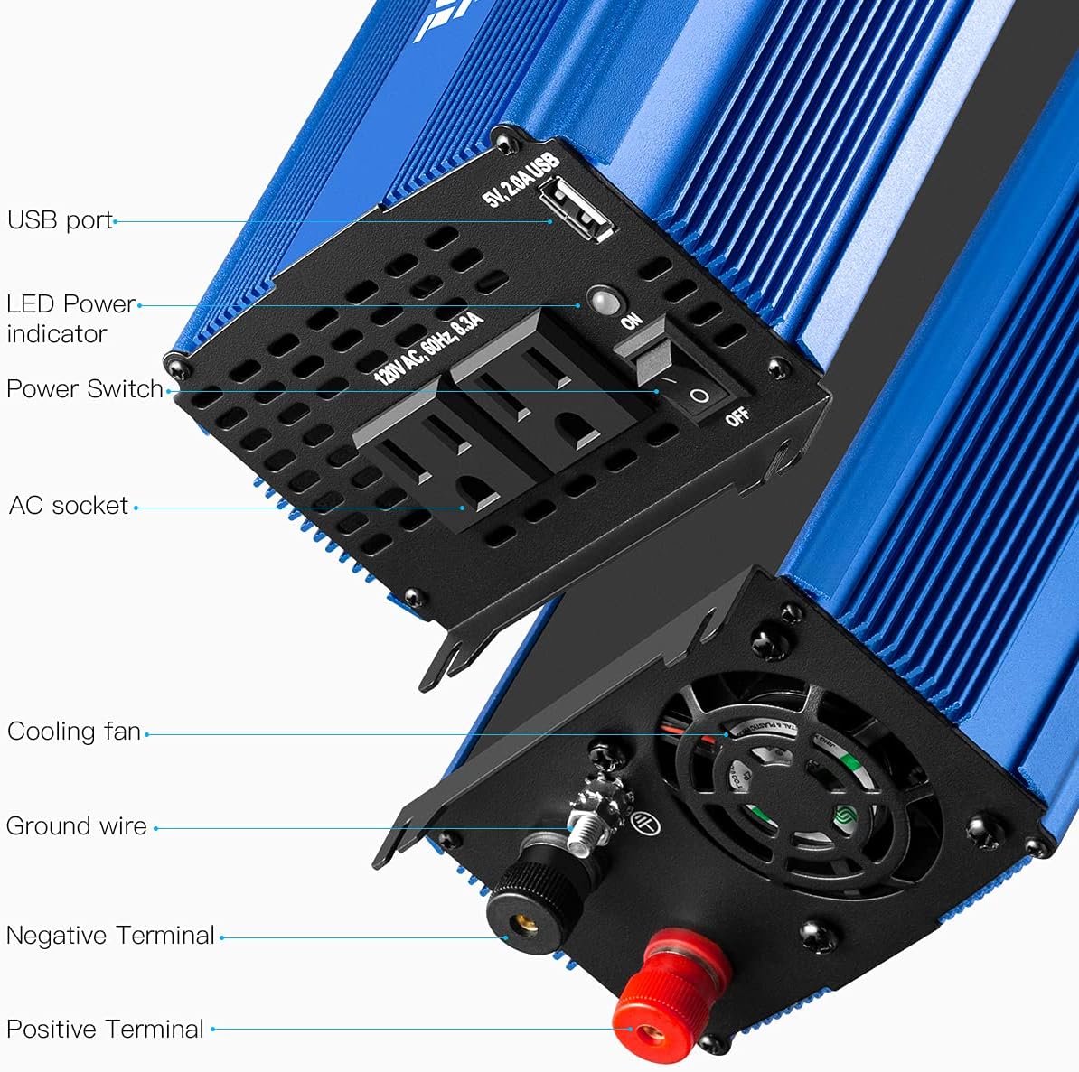 Pure Sine Wave Inverter 1000W DC 12V to AC 110V with Dual AC Outlets & 2A USB Ports G103