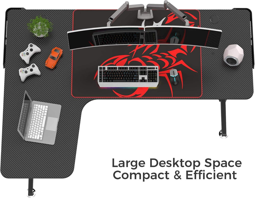 Black L Shaped 60 Inch Gaming Desk with Mouse Pad and Cable Management H299