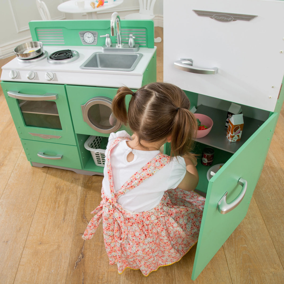 2-Piece Wooden Play Kitchen Set with Refrigerator, Dryer and Laundry Basket F858168