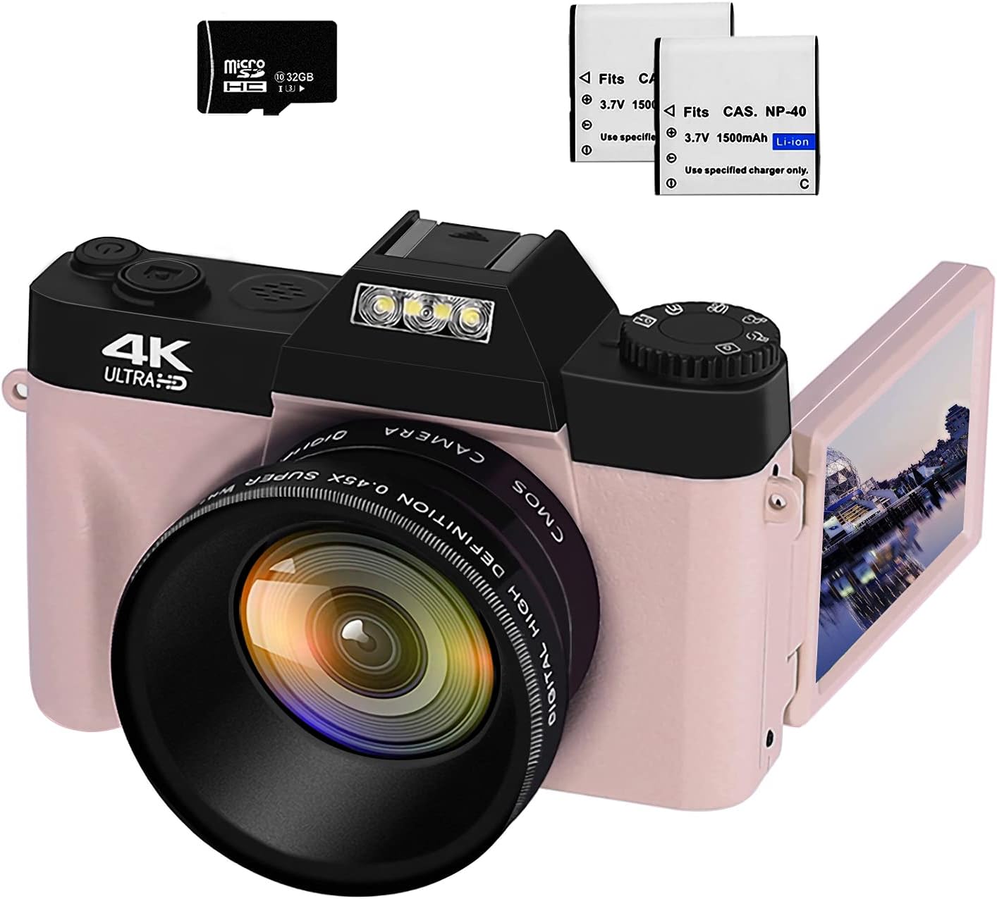 48MP 16X Digital Zoom Flip Screen Autofocus Camcorder with Wide-Angle Lens, Macro Lens, 32G Micro Card, 2 Batteries (Gray) J1729